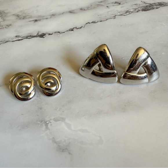 Vintage Monet Silver-Tone Clip-On Earrings Set Geometric Triangle & Knot Circle - Picture 1 of 7